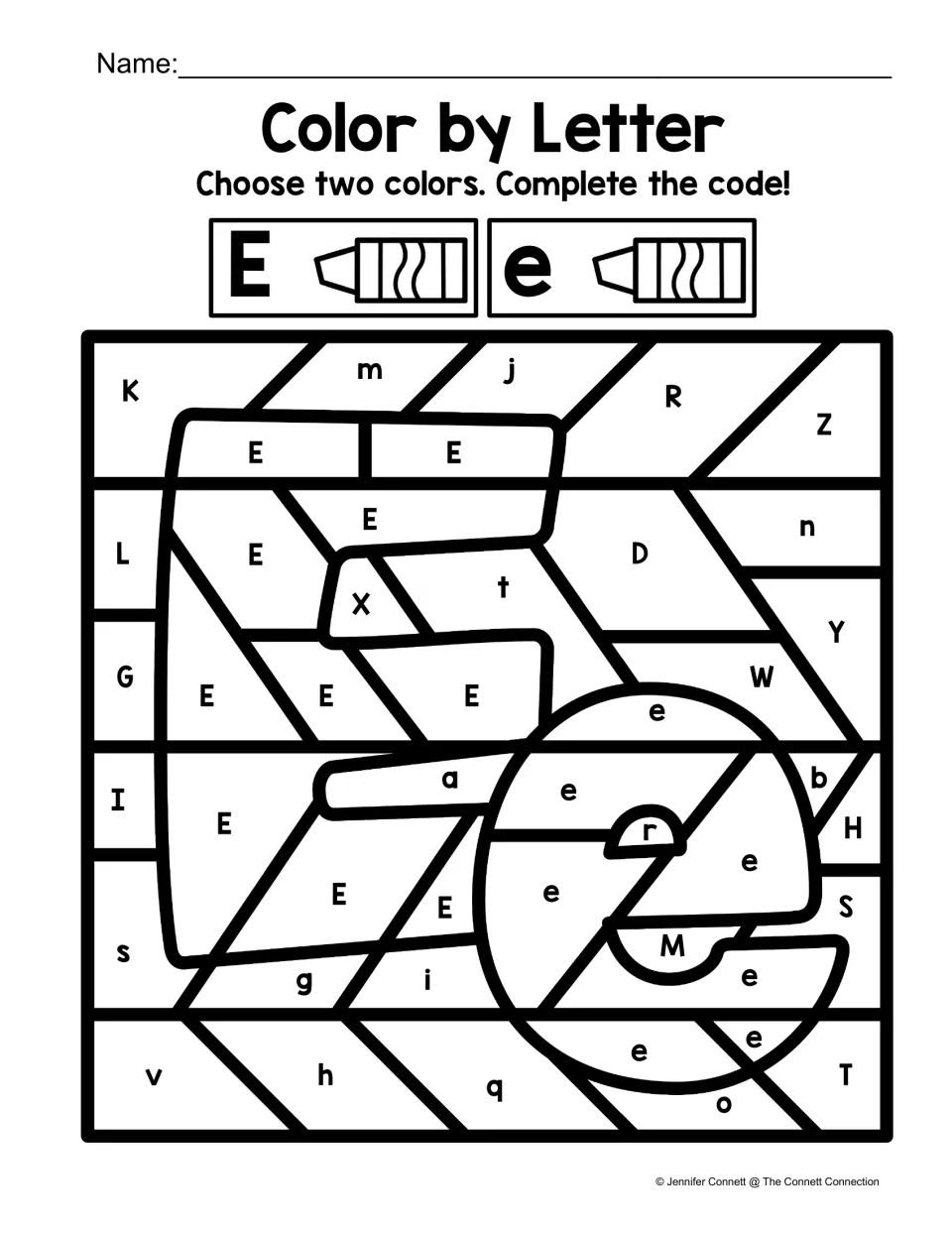 Color by Letter: students color capital E spaces one color and lowercase e spaces another to reveal a big E and e