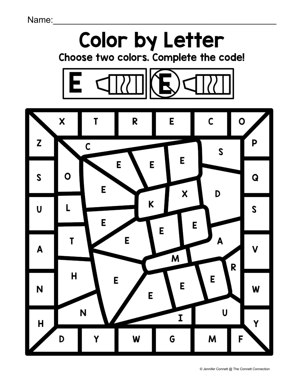 Letter E recognition: students color spaces marked E one color and other letters another to reveal a capital E shape