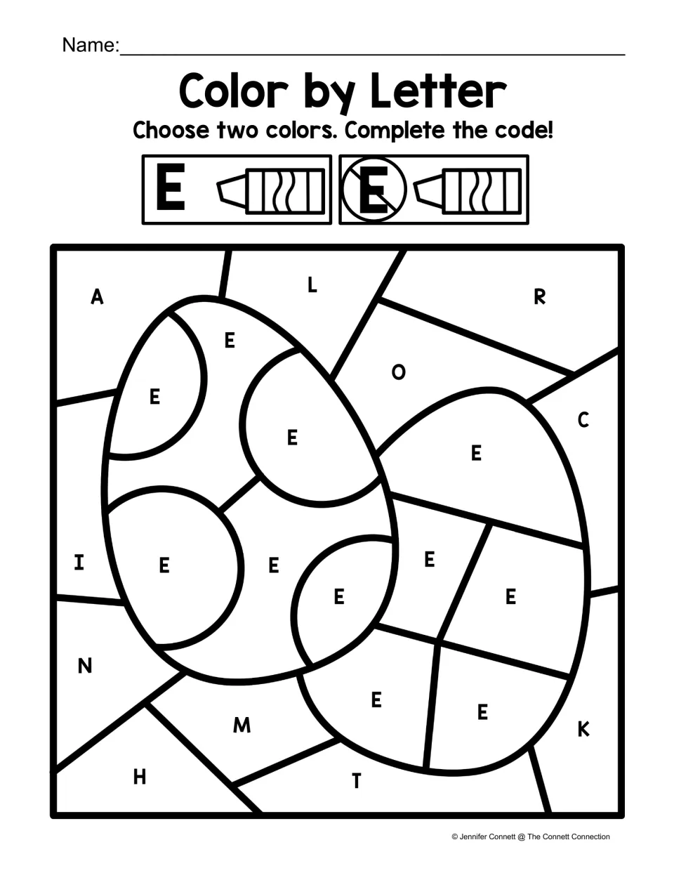 Capital E color code: students color every E space one color and all other letters another to uncover two eggs