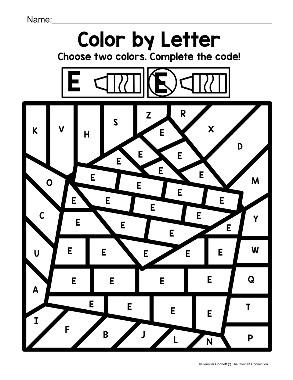 Finding capital E: students color the many E spaces one color and other letters a second color to reveal an envelope