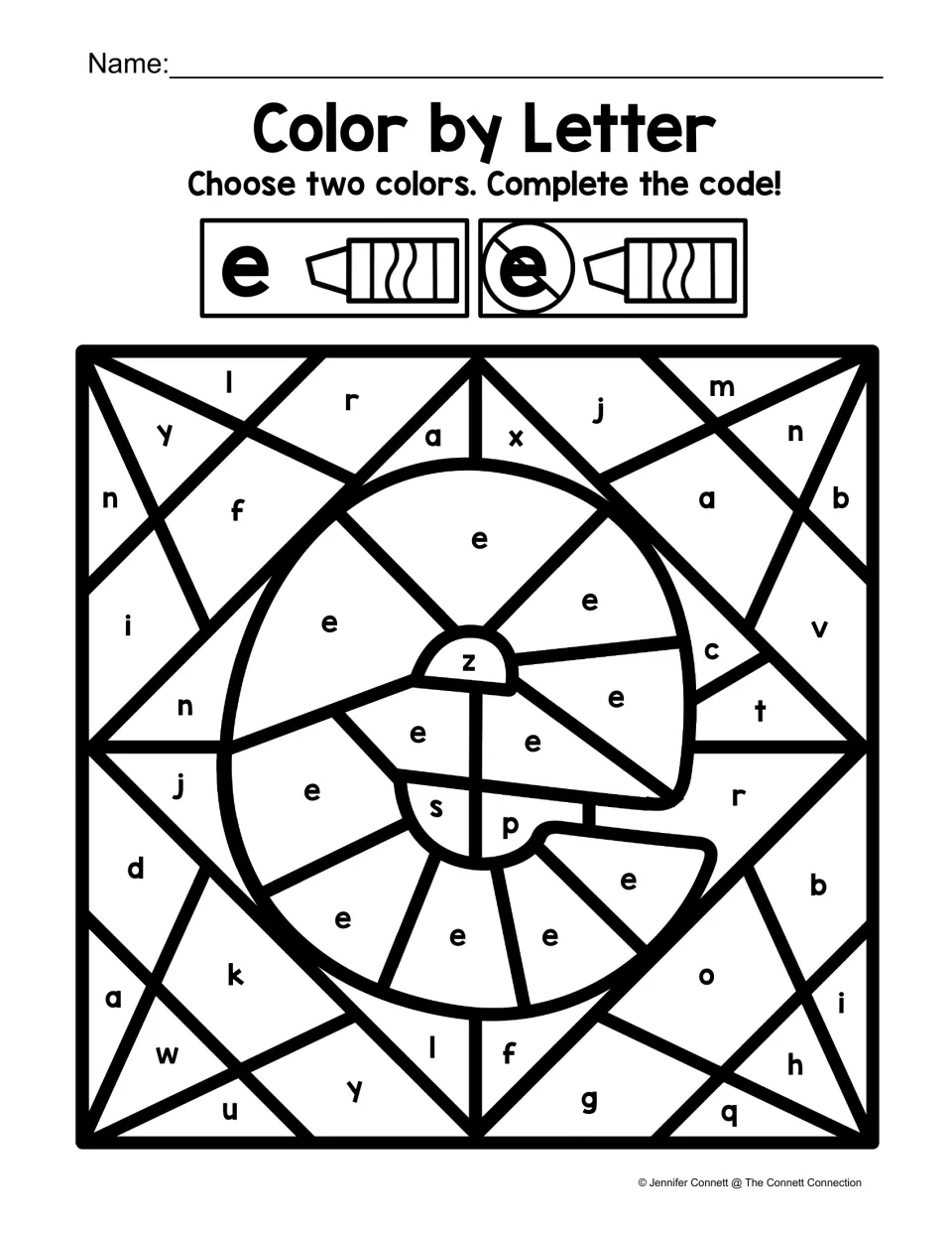 Lowercase e recognition: students color e spaces one color and other lowercase letters another to reveal a large e
