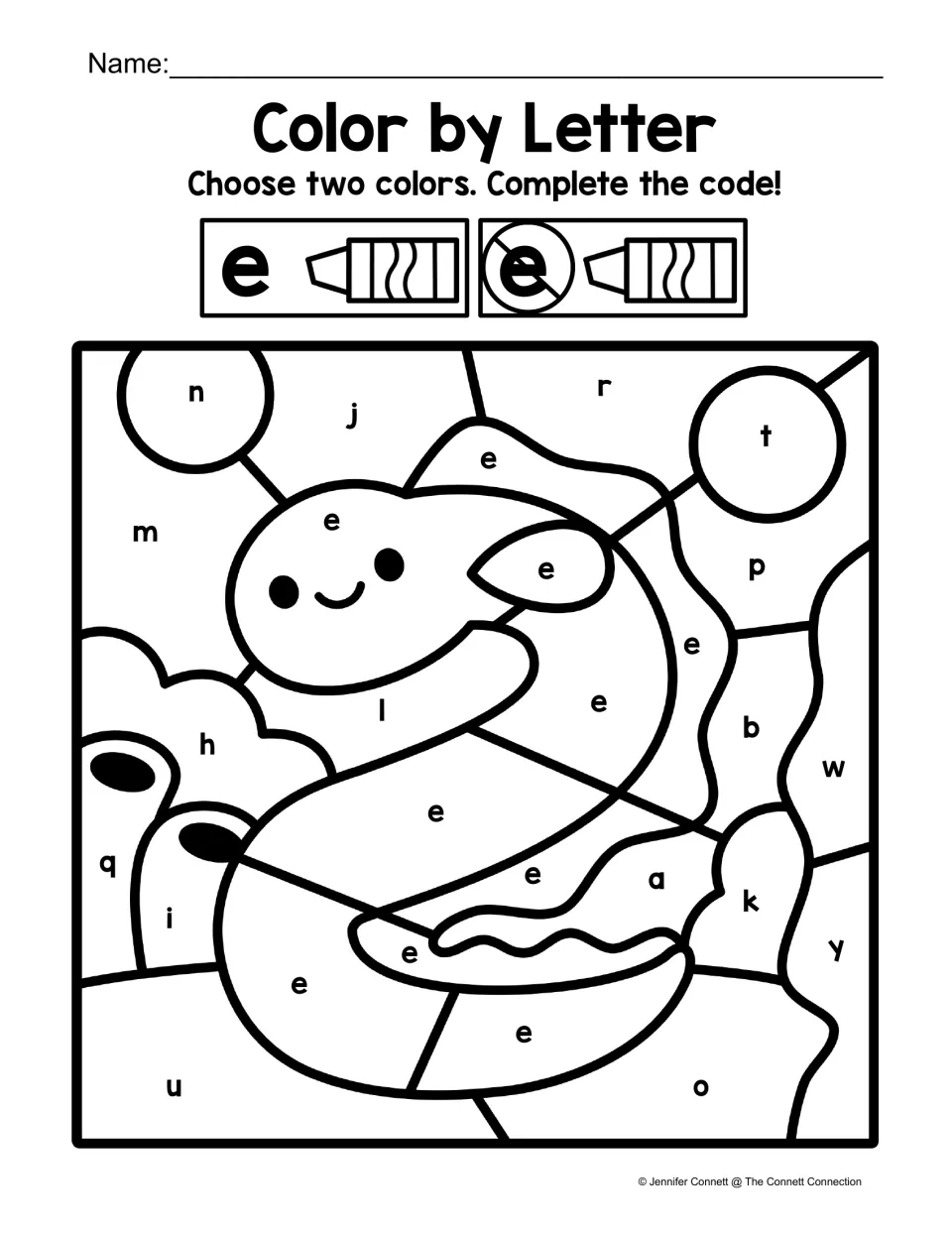 Lowercase e color code: students color e spaces one color and other letters another to uncover a smiling cartoon creature
