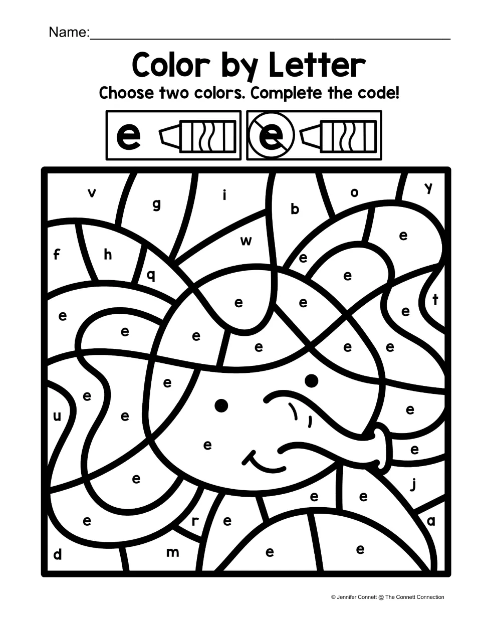 Finding lowercase e: students color e spaces one color and all other letters a second color to reveal a cartoon animal face