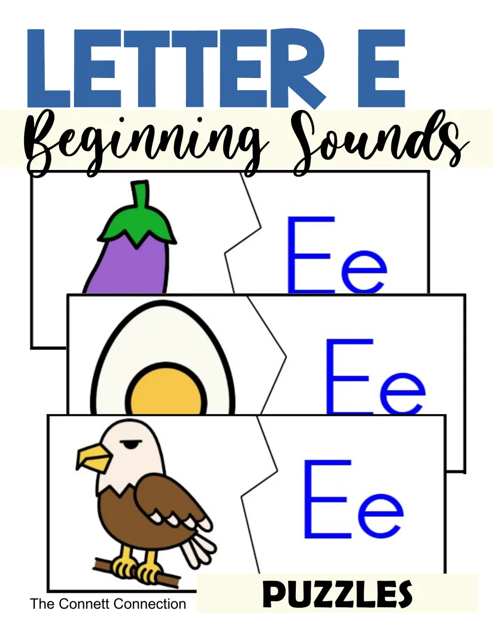 Letter E beginning sounds puzzles cover: two-piece cards pairing an eggplant, egg and eagle picture with Ee