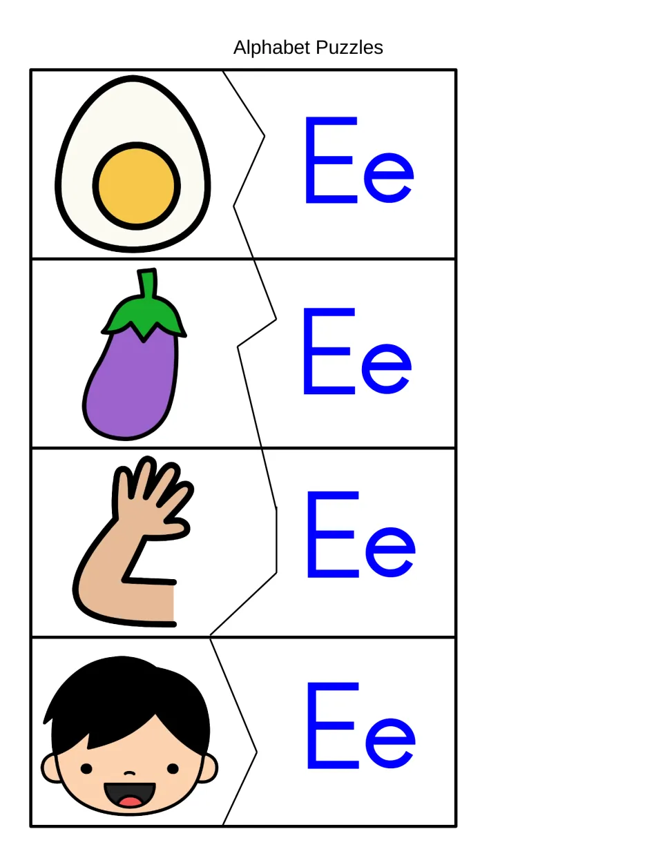 Beginning sound E: students cut apart and match egg, eggplant, elbow and smiling face picture halves to Ee halves