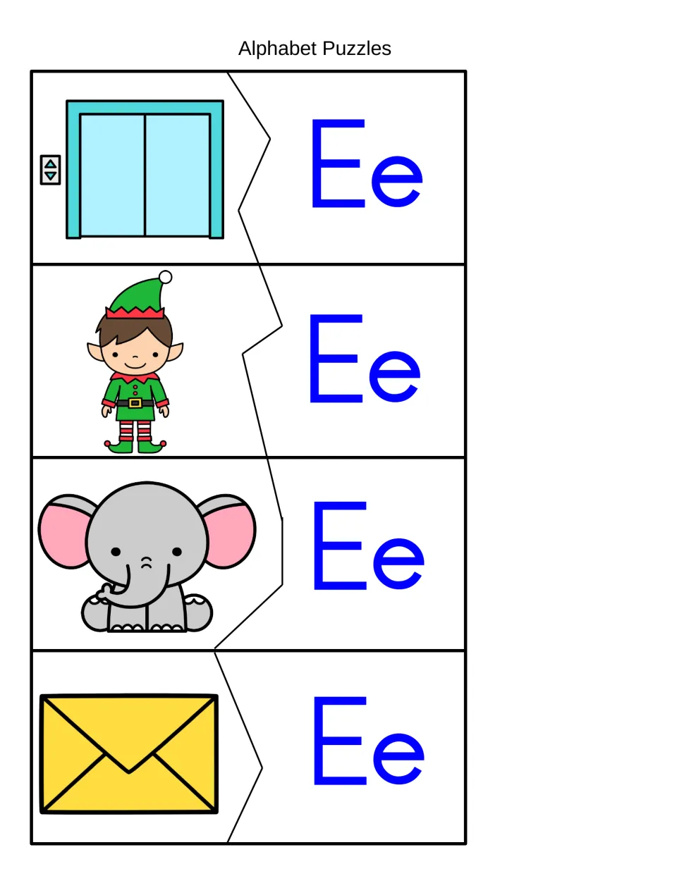Beginning sound E: students join elevator, elf, elephant and envelope picture halves to matching Ee puzzle halves