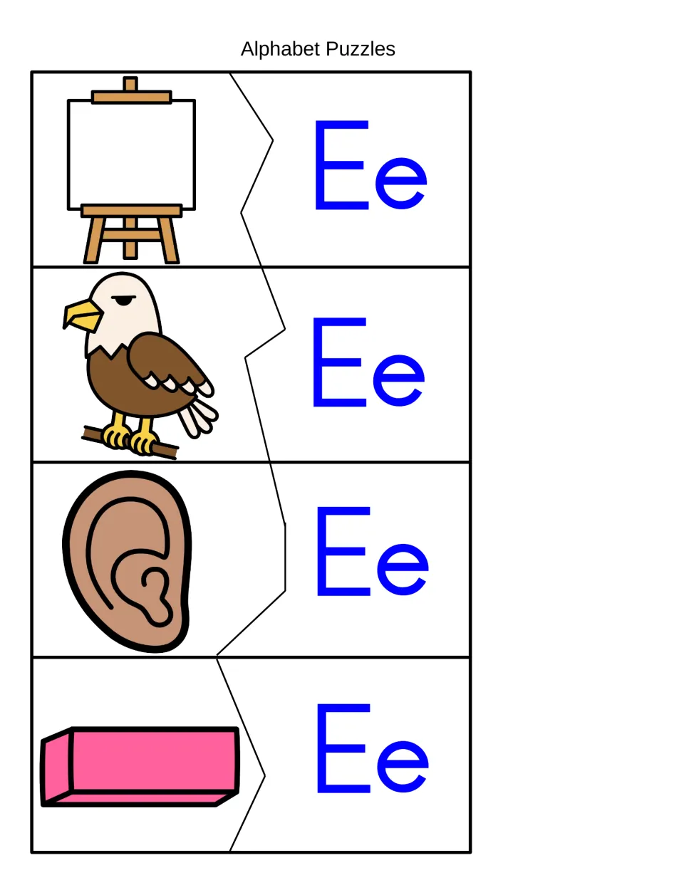 Beginning sound E: students pair easel, eagle, ear and eraser pictures with Ee pieces to complete each two-part puzzle