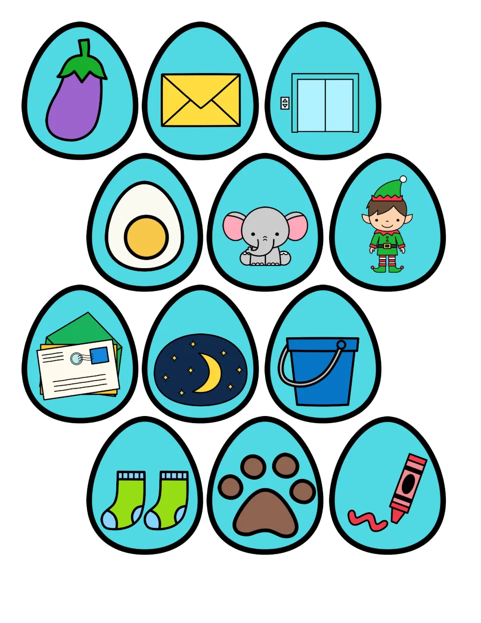 Picture cards to cut and sort: eggplant, envelope, elevator, egg, elephant, elf, mail, moon, pail, socks, paw, crayon