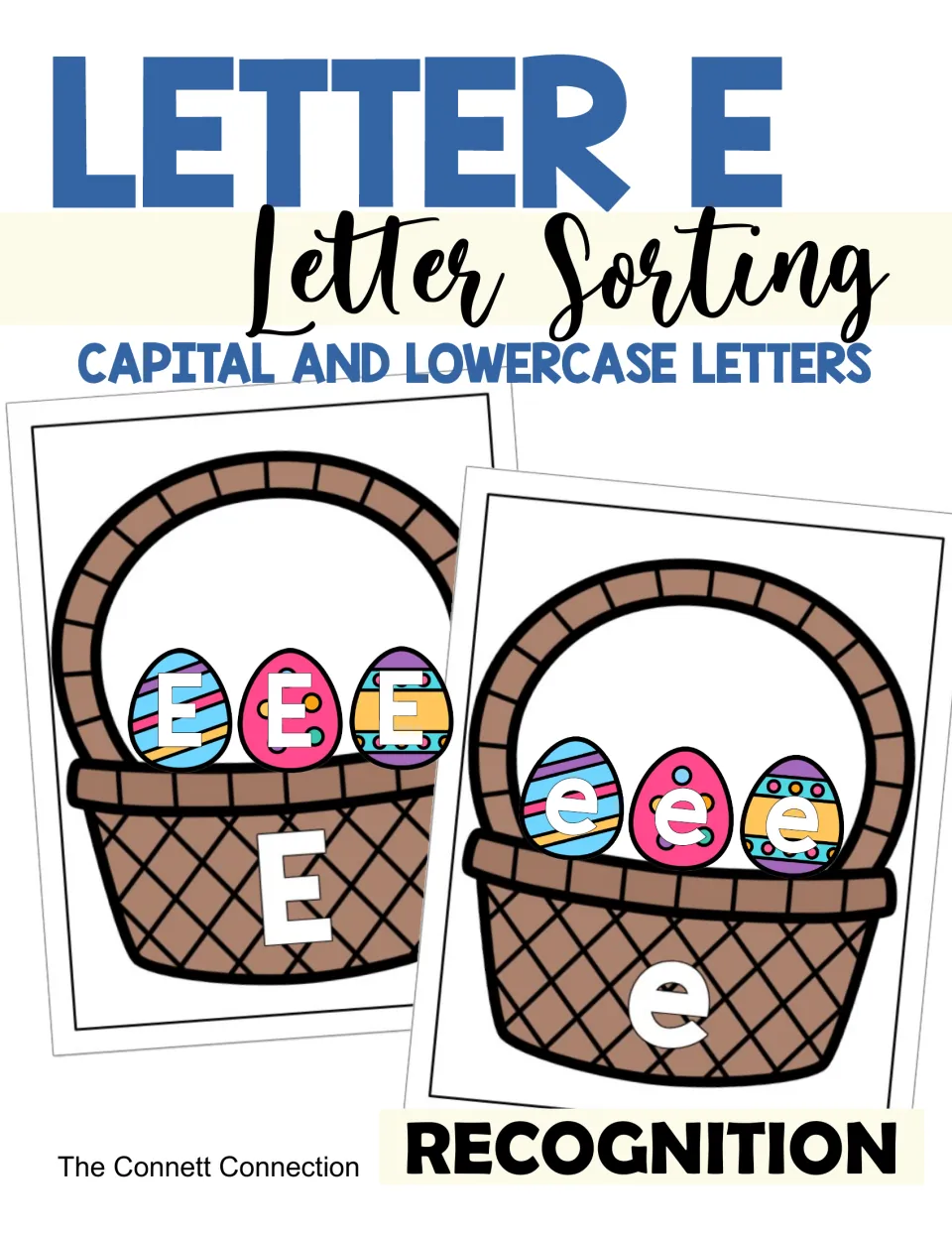 Letter E sorting cover: Easter eggs marked E and e are sorted into two baskets labeled capital E and lowercase e