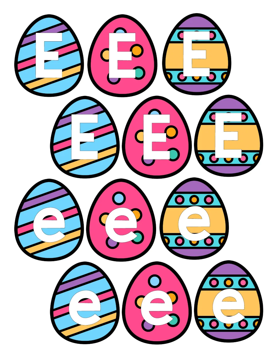 Easter egg cut-outs: six eggs show capital E and six show lowercase e for children to cut apart and sort by letter case