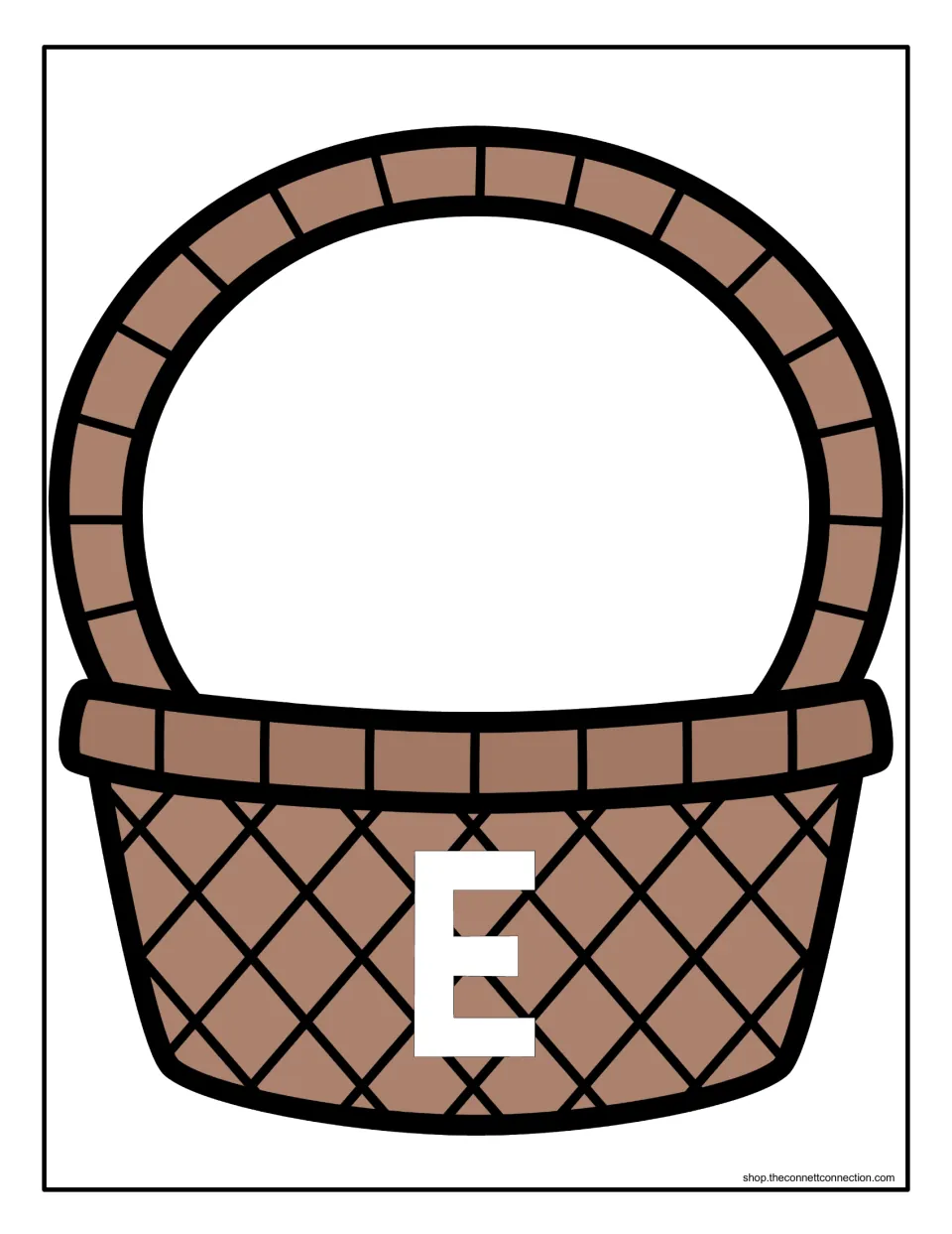 Capital E sorting mat: a woven Easter basket labeled E where students place every egg that shows the uppercase letter