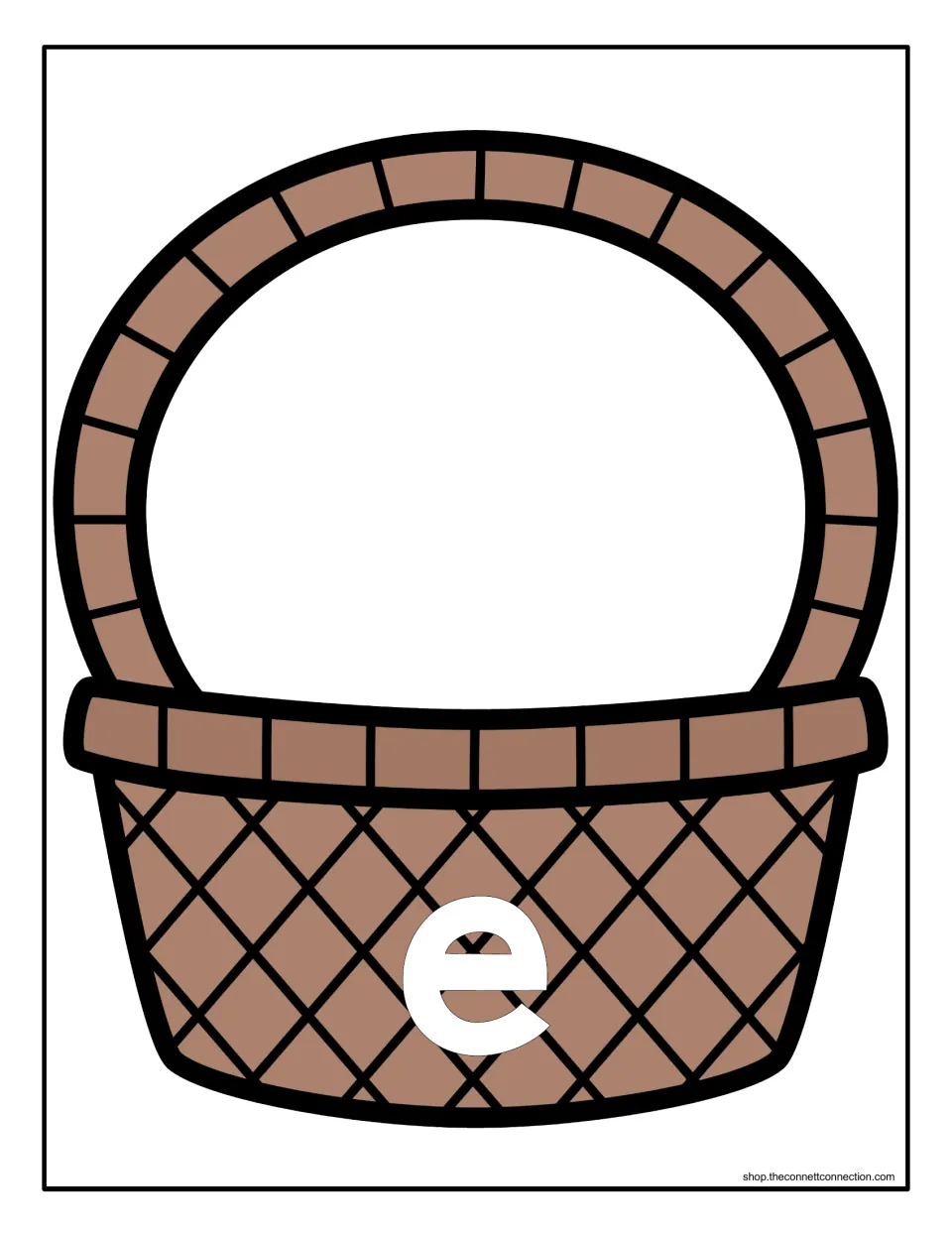 Lowercase e sorting mat: a woven Easter basket labeled e where students place each egg showing the small letter form
