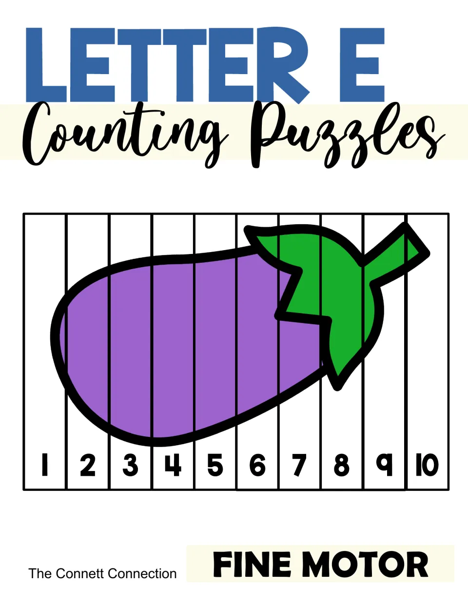 Letter E Counting Puzzles cover: a purple eggplant picture cut into 10 strips numbered 1 to 10, labeled Fine Motor