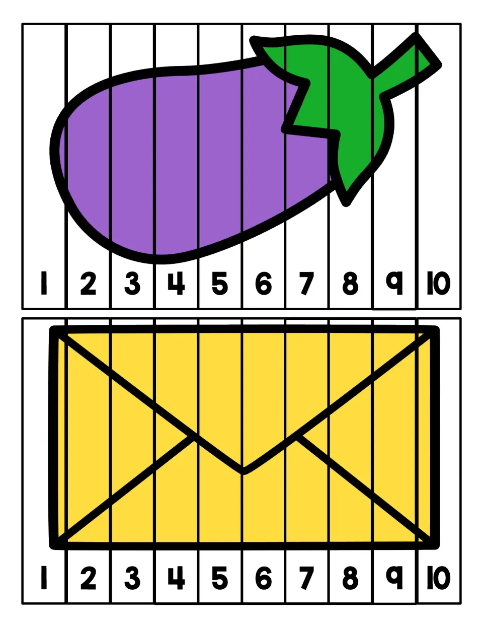 Eggplant and envelope puzzles: students cut apart 10 strips and order them 1 to 10 to rebuild each E picture
