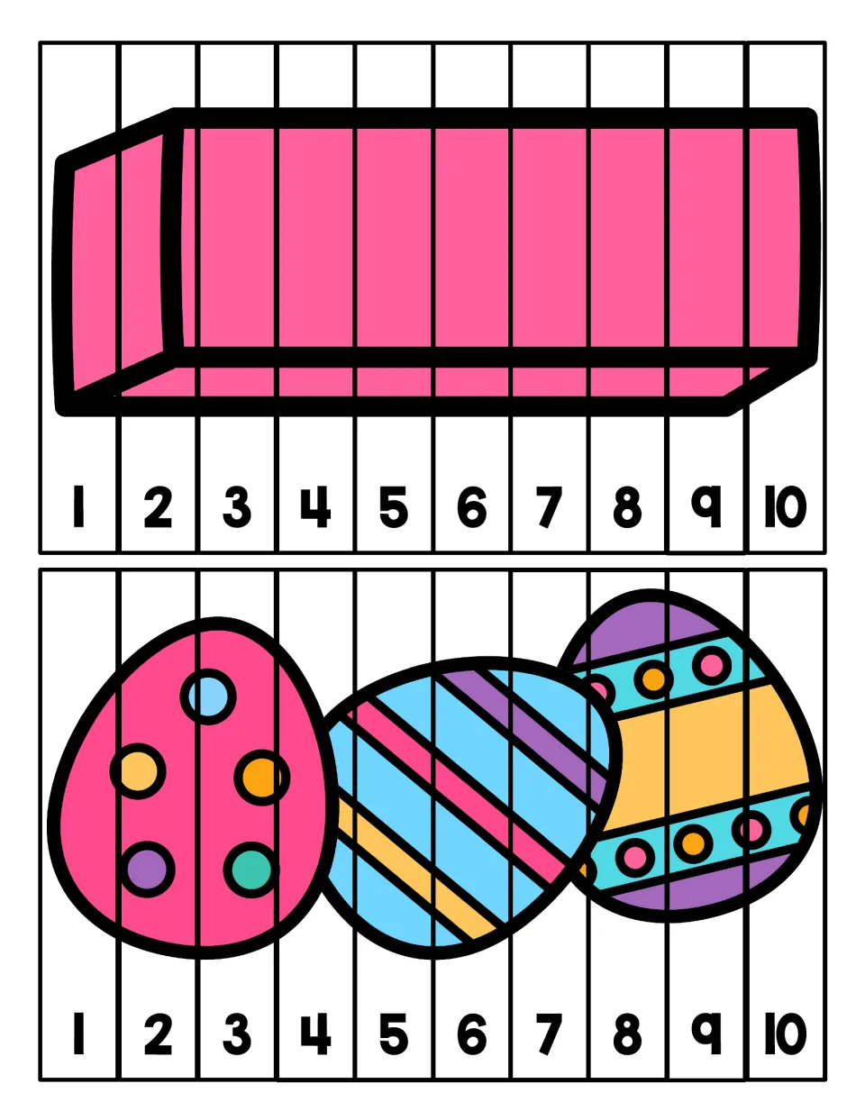 Eraser and Easter eggs puzzles: students sequence numbered strips 1 to 10 to complete each picture starting with E