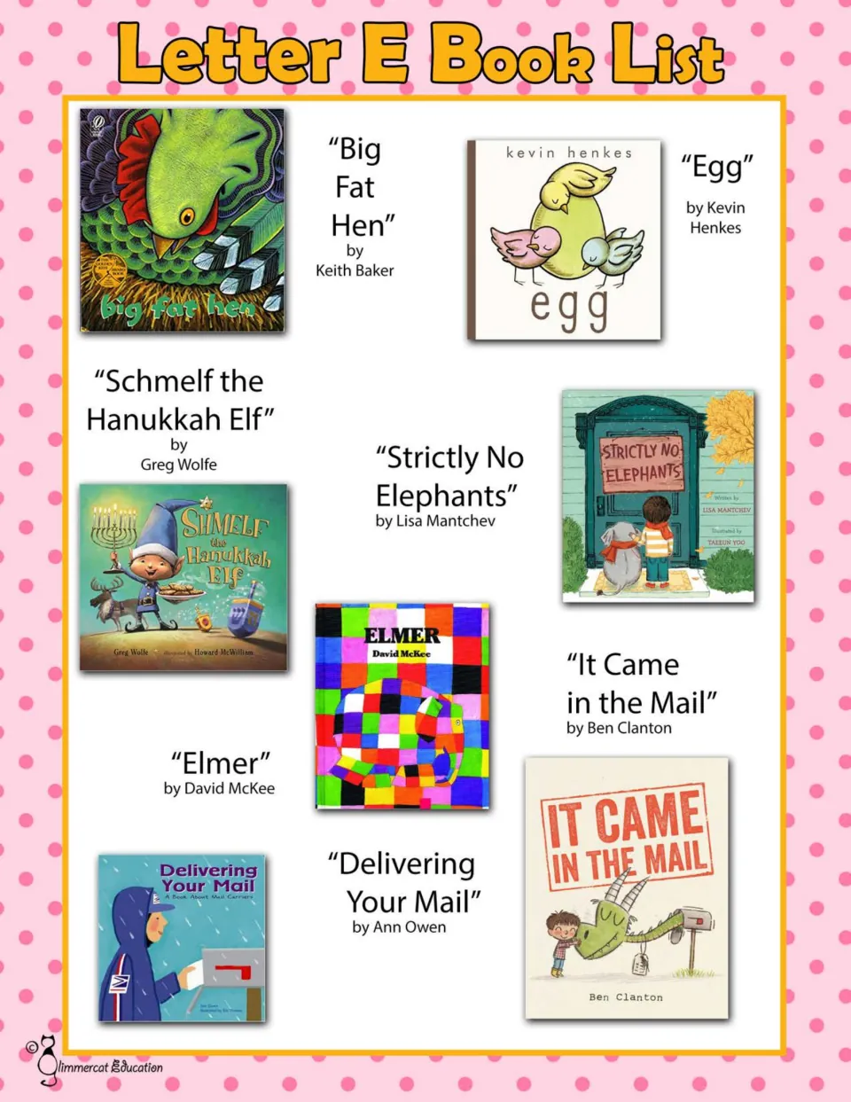E book list: covers of Big Fat Hen, Egg, Strictly No Elephants, Elmer, It Came in the Mail and two more picture books