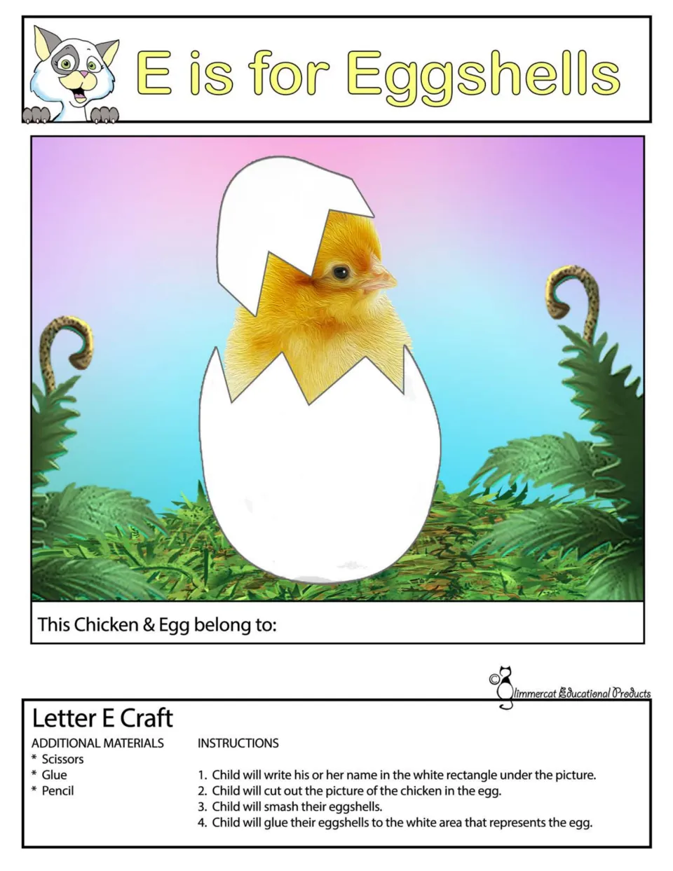 E is for Eggshells, color version: students cut out a hatching chick and glue crushed eggshells onto the white egg