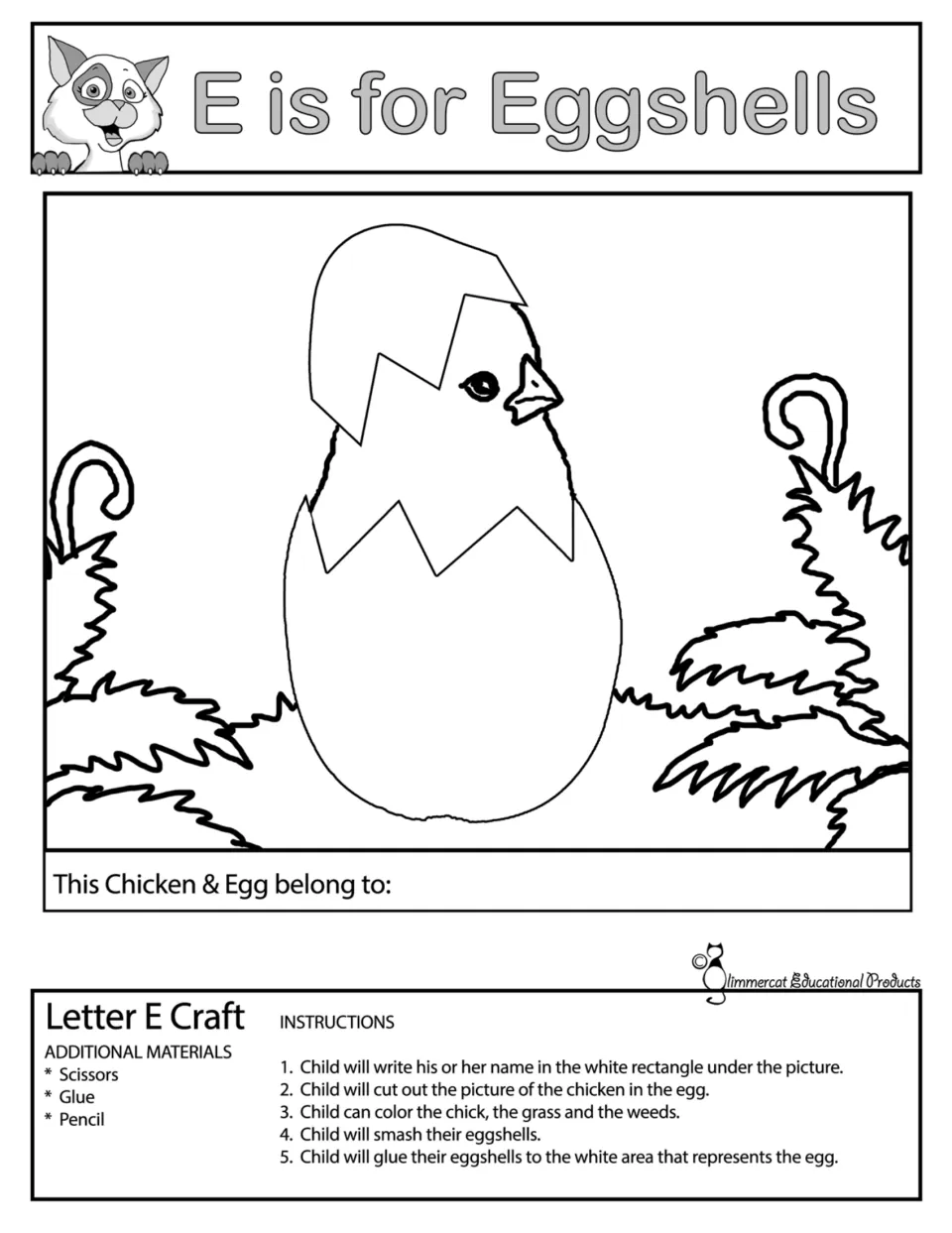 E is for Eggshells, black-and-white: students color the chick, grass and weeds, then glue smashed eggshells on the egg