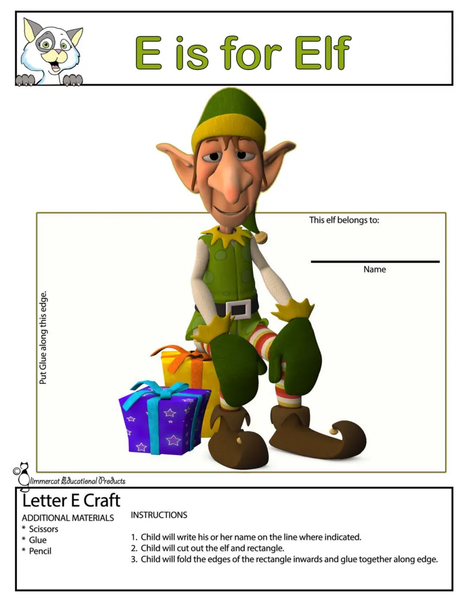 E is for Elf, color: students write their name, cut out the elf and rectangle, then fold and glue it into a standing elf