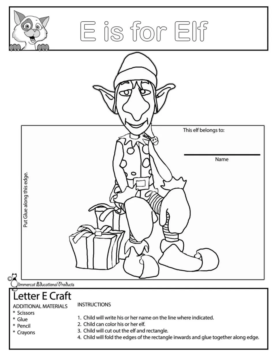 E is for Elf, black-and-white: students color their elf with crayons, cut it out and fold the rectangle into a stand-up