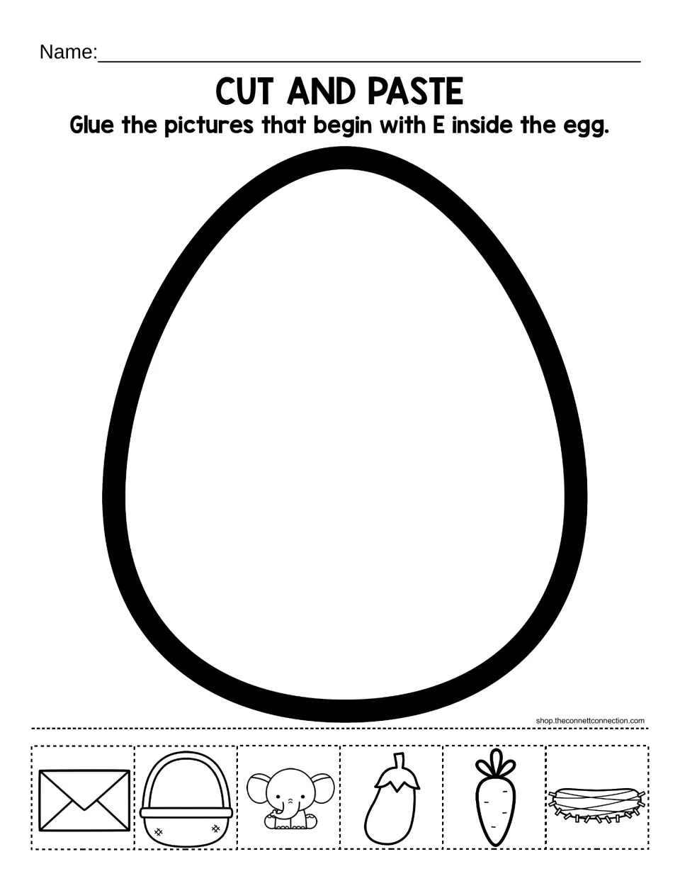 Beginning sound E: students cut out six pictures, such as elephant and eggplant, and glue the E words inside a large egg