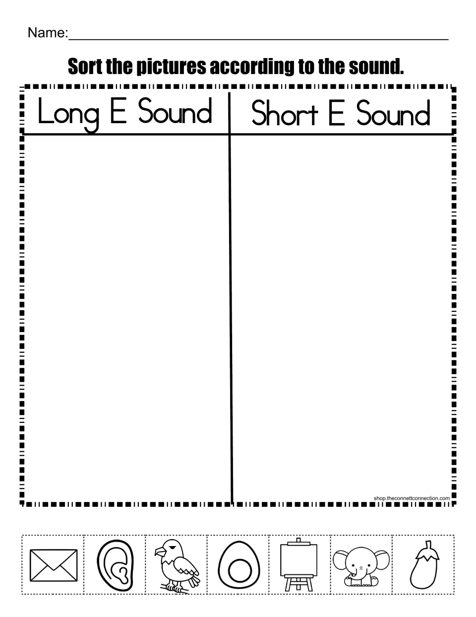 Long and short E sort: students cut out seven pictures like ear, eagle, egg and elephant and glue each under its E sound