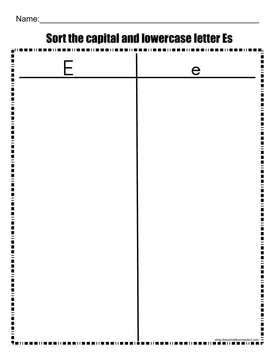 Capital and lowercase E sort: students place each letter E under the uppercase E or lowercase e heading to tell cases apart
