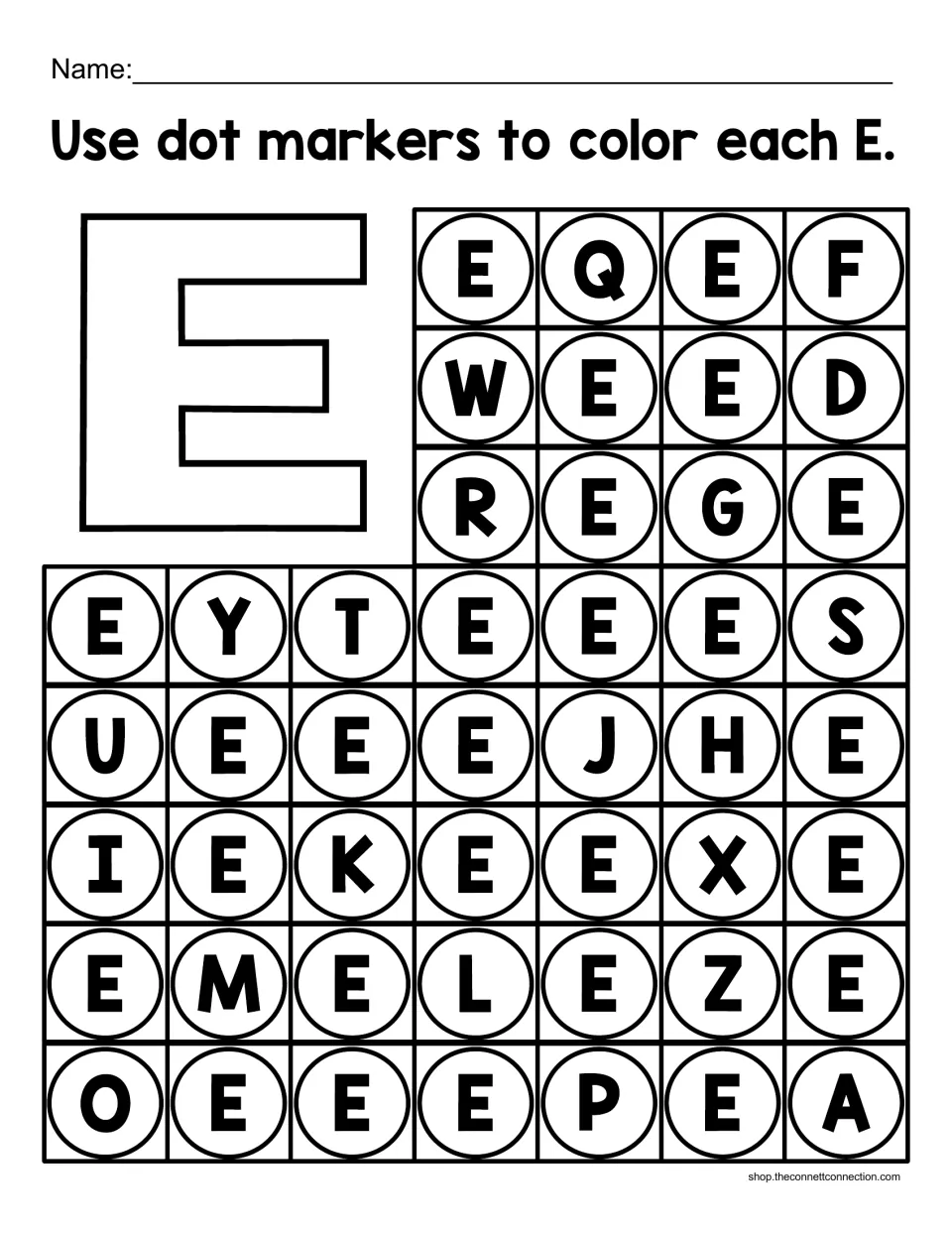 Uppercase E recognition: students use dot markers to dab every E among mixed capital letters beside a large outlined E