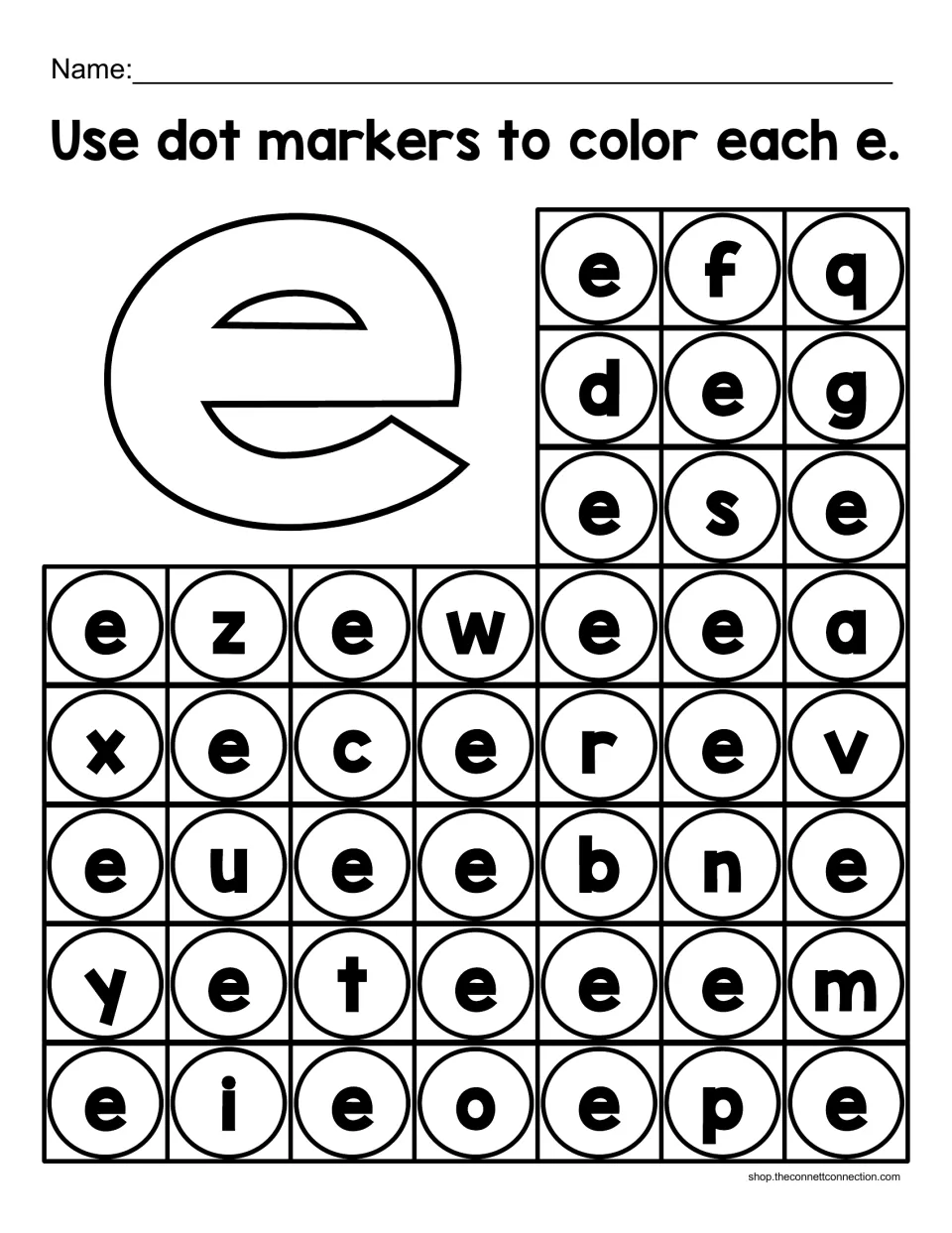 Lowercase e recognition: students dab each e with dot markers among mixed small letters such as f, q, d, g and s