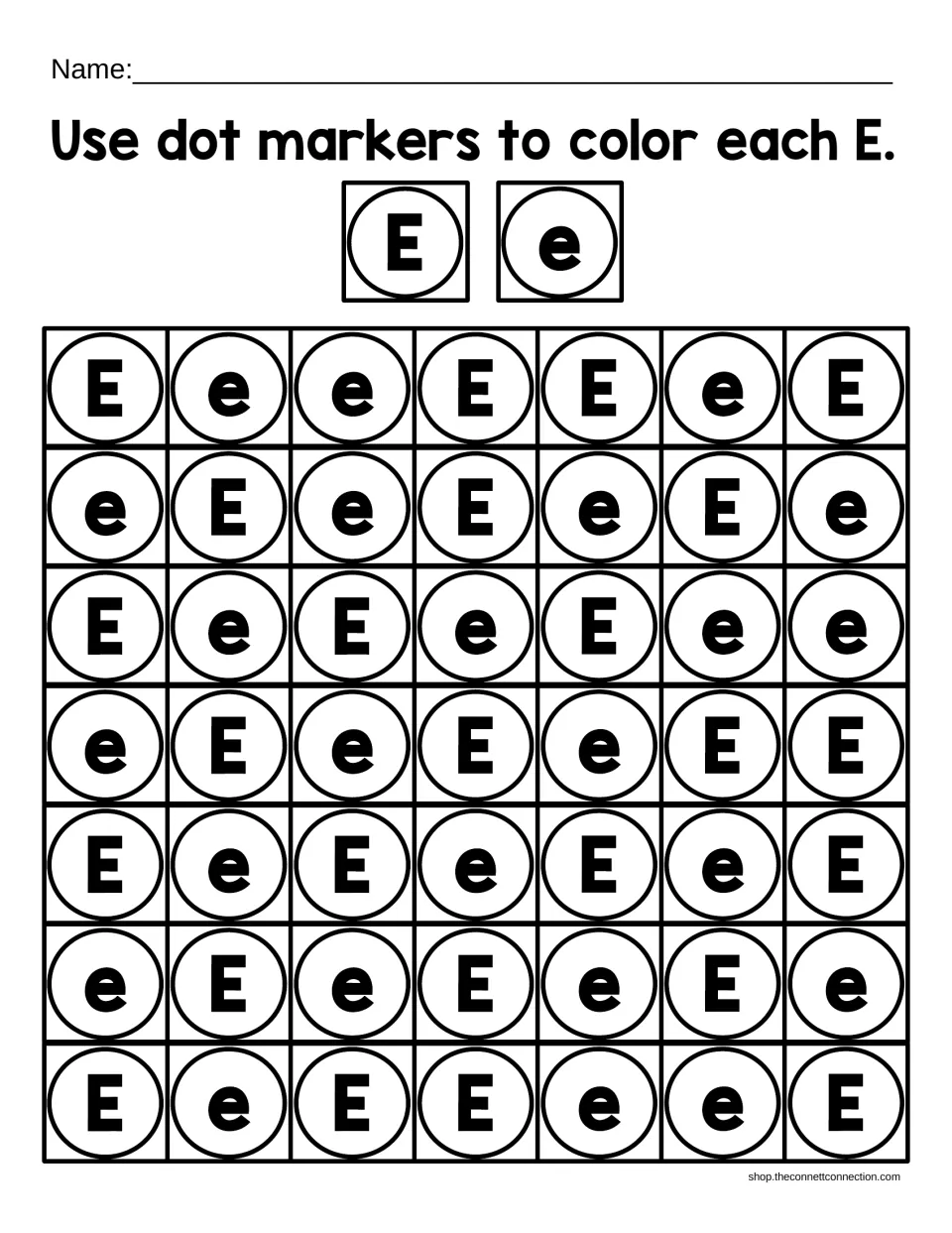 Upper and lowercase E review: students dab every circled letter, capital E and small e alike, with dot markers