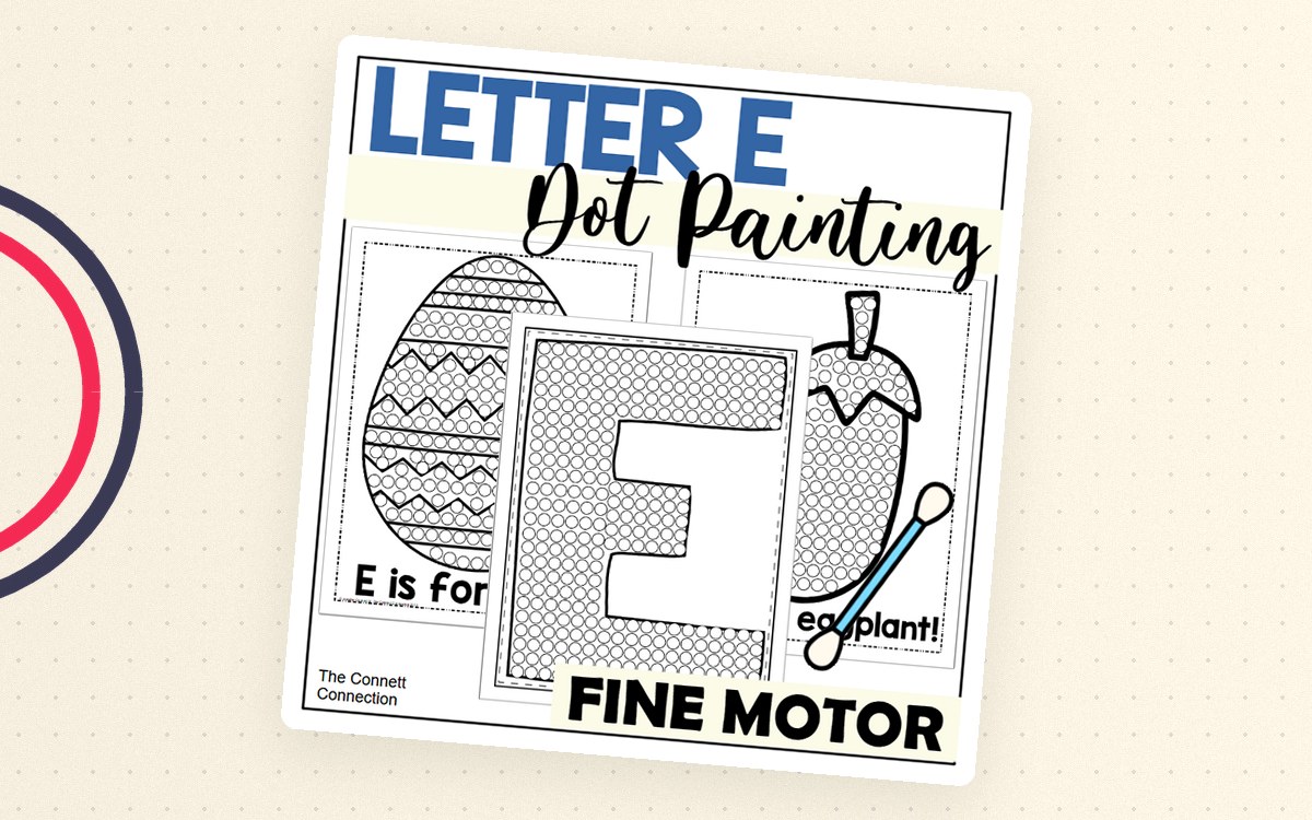 Letter E Dot Painting cover with egg and eggplant pages, large uppercase E, paint dots, and a cotton swab.