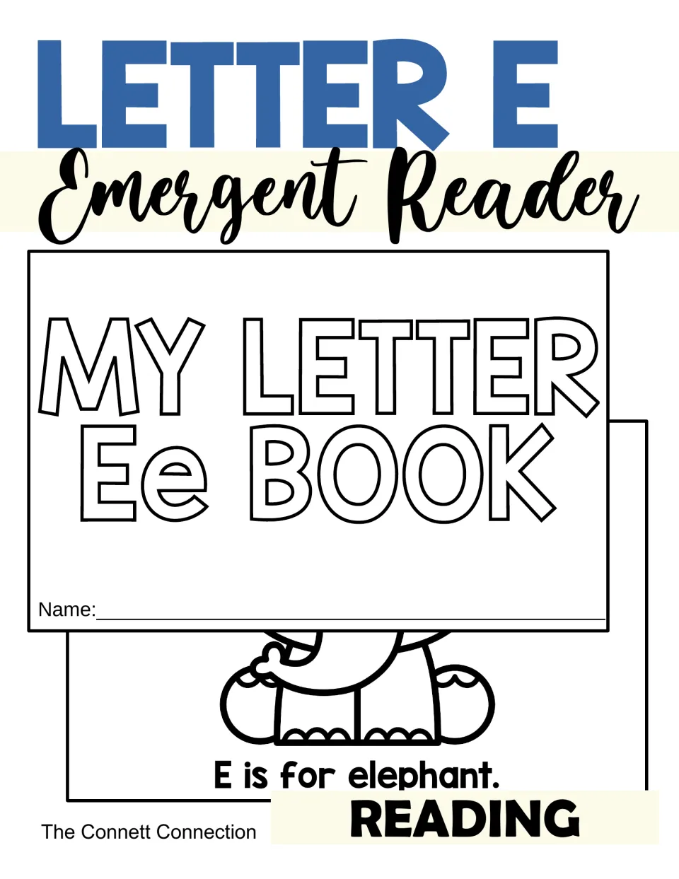 Letter E Emergent Reader cover showing the My Letter Ee Book title page and an elephant page reading E is for elephant
