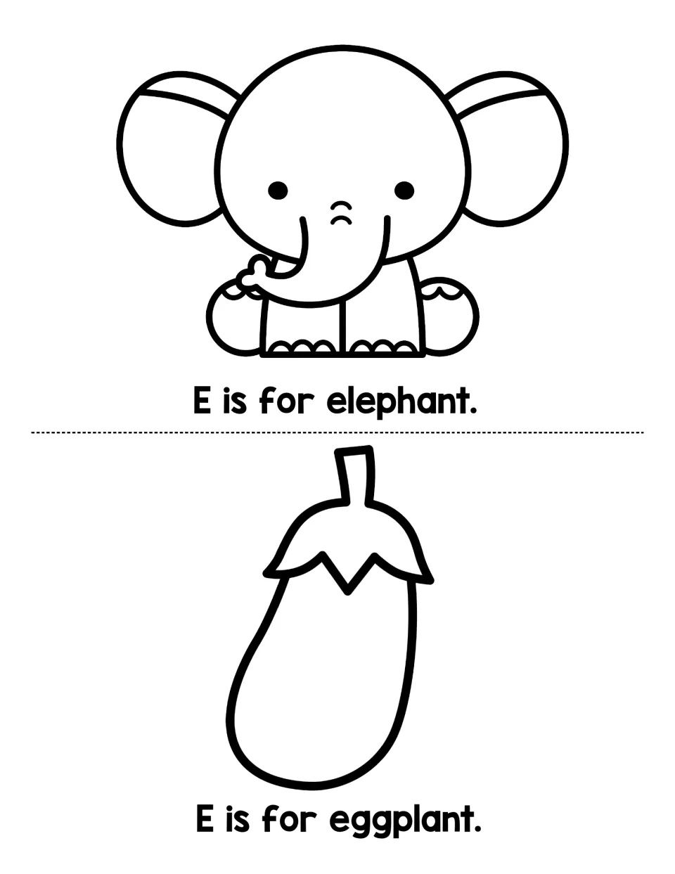 Letter E sound pages: children read E is for elephant and E is for eggplant beside outline drawings of each word