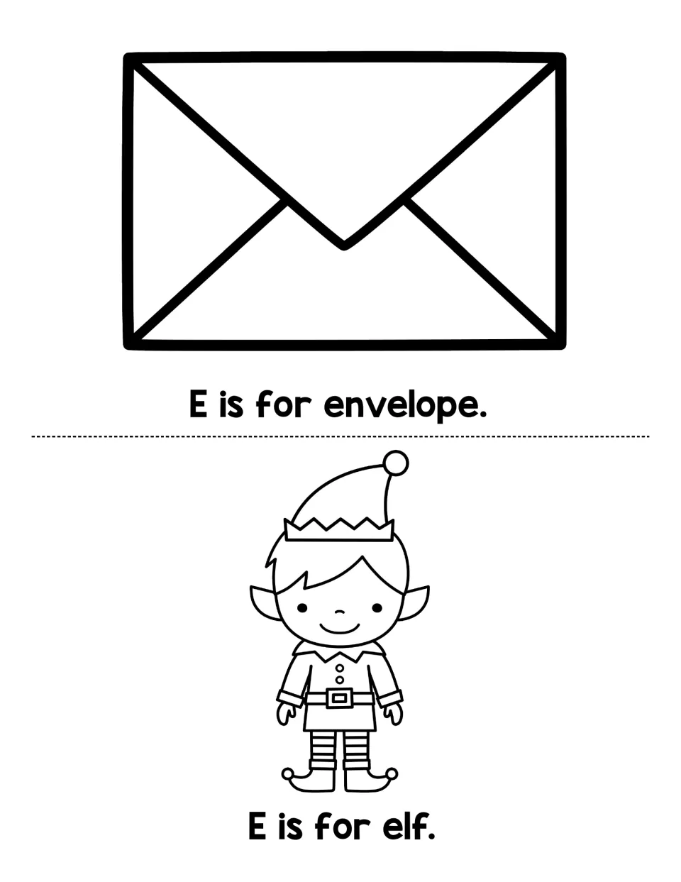 Initial E words: children read E is for envelope and E is for elf, using an envelope and an elf as picture clues