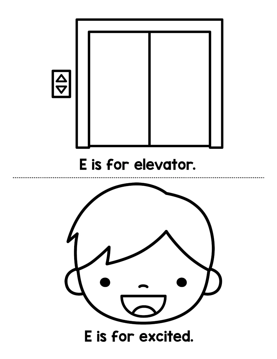 Beginning sound E: children read E is for elevator and E is for excited, pictured by elevator doors and a smiling face