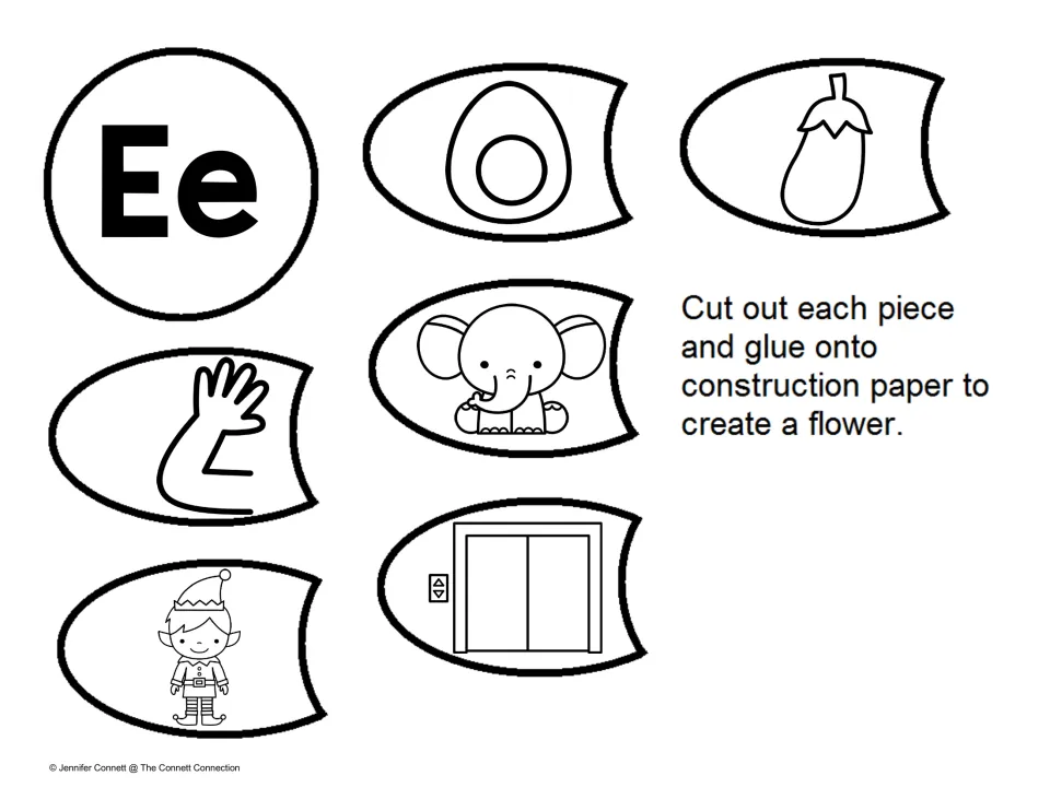 Letter E sounds: students cut out an Ee center and petals with an egg, eggplant, elephant, elbow, elevator and elf