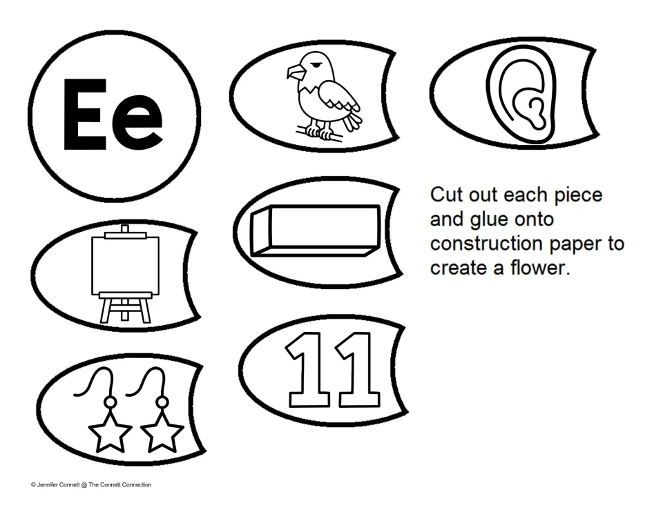 Beginning sound e: students cut and glue petals showing eagle, ear, eraser, easel, earrings and eleven around an Ee center