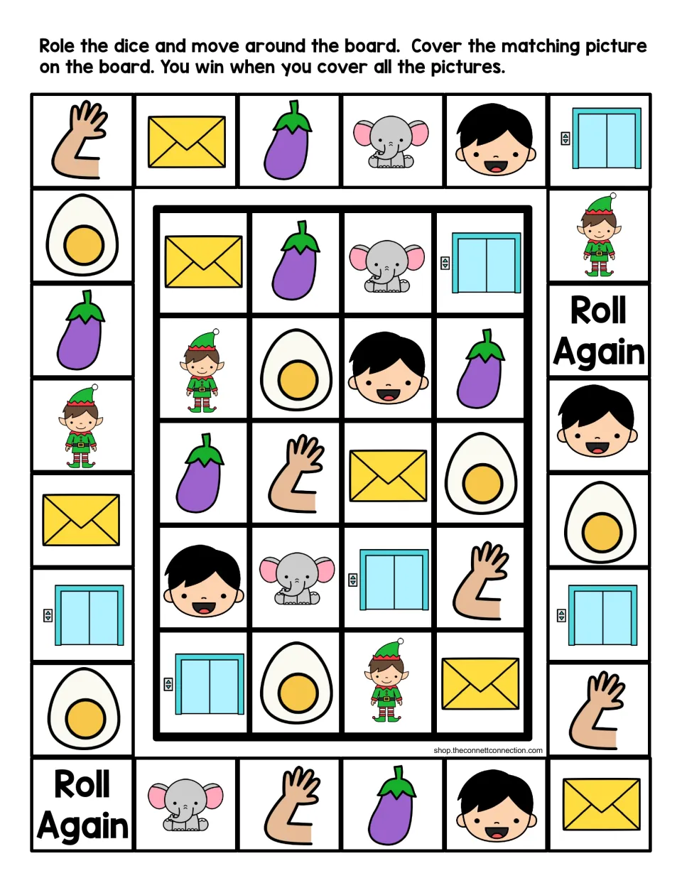 Letter E sounds board game in color: roll, move and cover matching pictures like egg, elf, elephant, envelope and eggplant