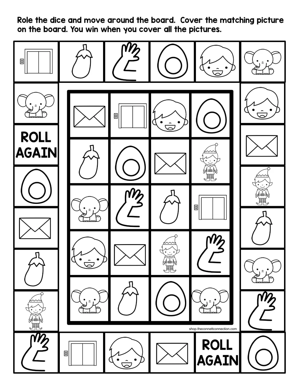 Black-and-white version of the E picture board game: roll the dice, then cover the egg, elbow, elevator or elf you land on