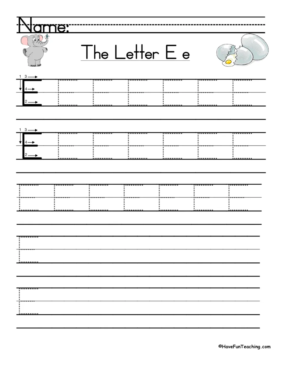 The Letter E e, uppercase: students follow numbered stroke arrows, then trace dotted capital E letters and write their own
