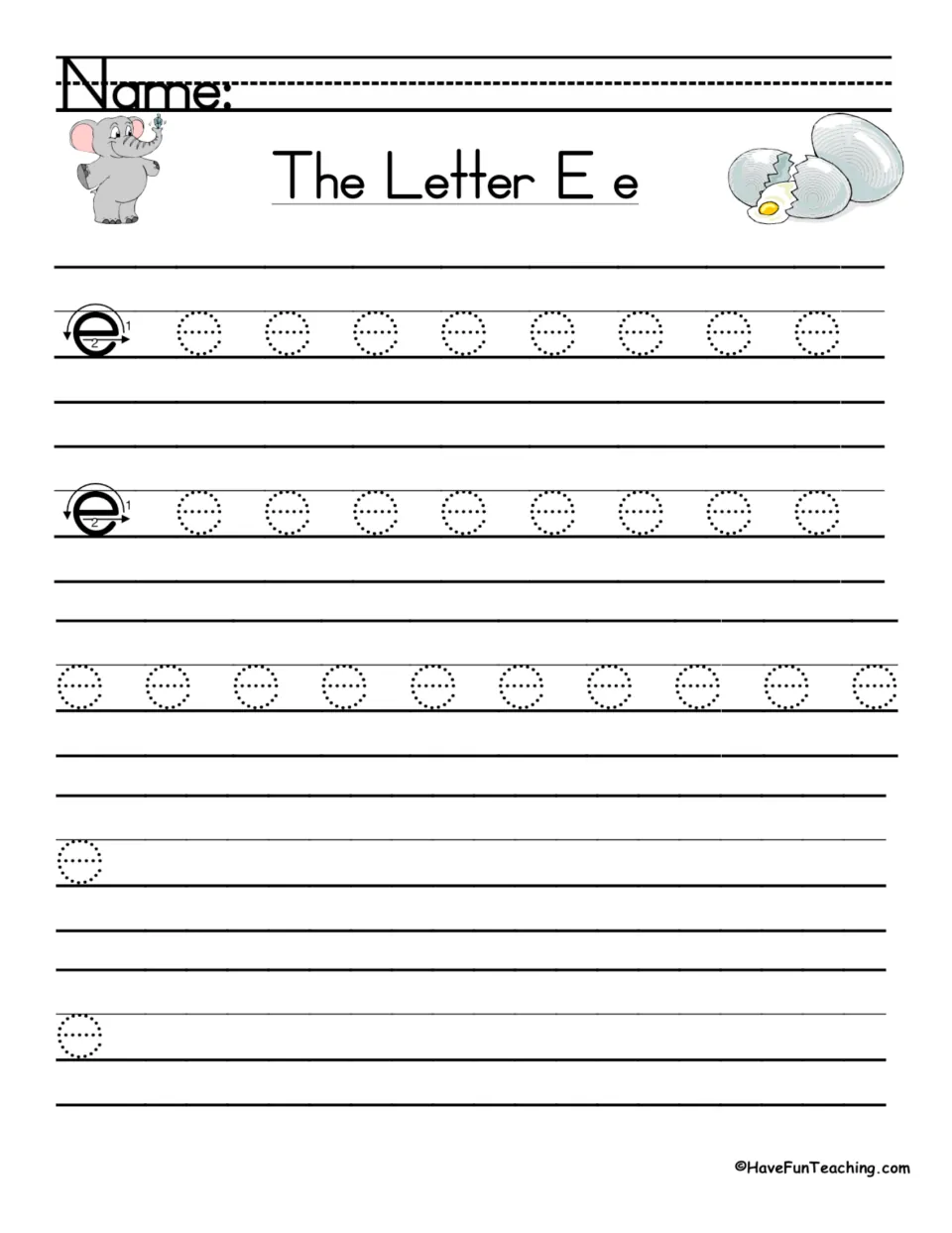Lowercase e handwriting: students follow the two-stroke model, trace dotted e letters, then write e on their own