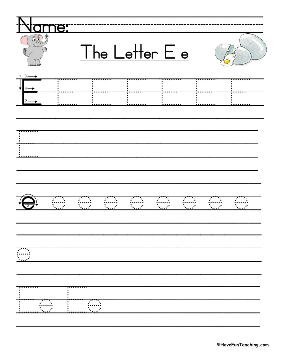 Mixed E and e review: students trace capital E and lowercase e from stroke models, then trace and write the Ee letter pair