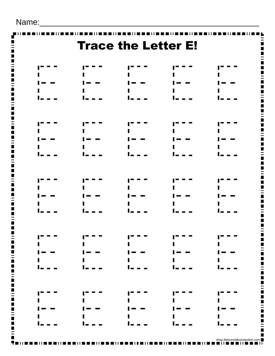 Trace the Letter E: students trace 25 dotted capital E letters in five rows to practise uppercase letter formation