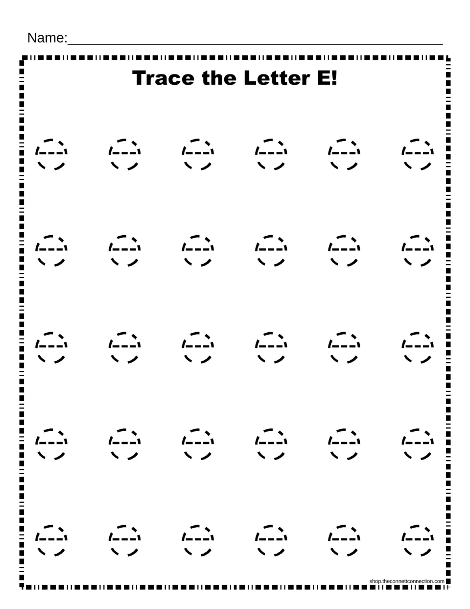Trace the Letter E, lowercase: students trace 30 dotted lowercase e letters in five rows to practise forming small e