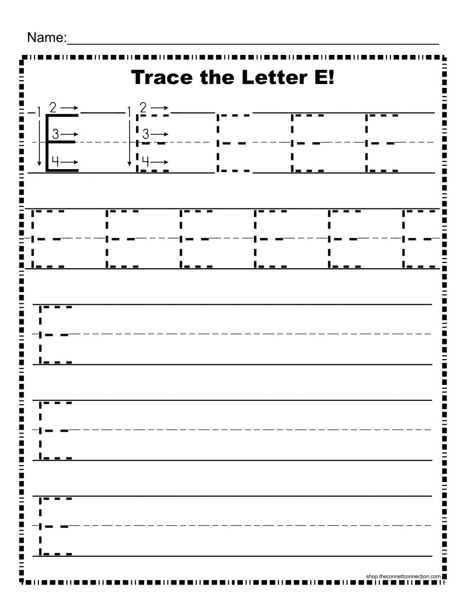 Capital E stroke order model numbered 1 to 4 with arrows; students trace dotted E rows, then write E on their own