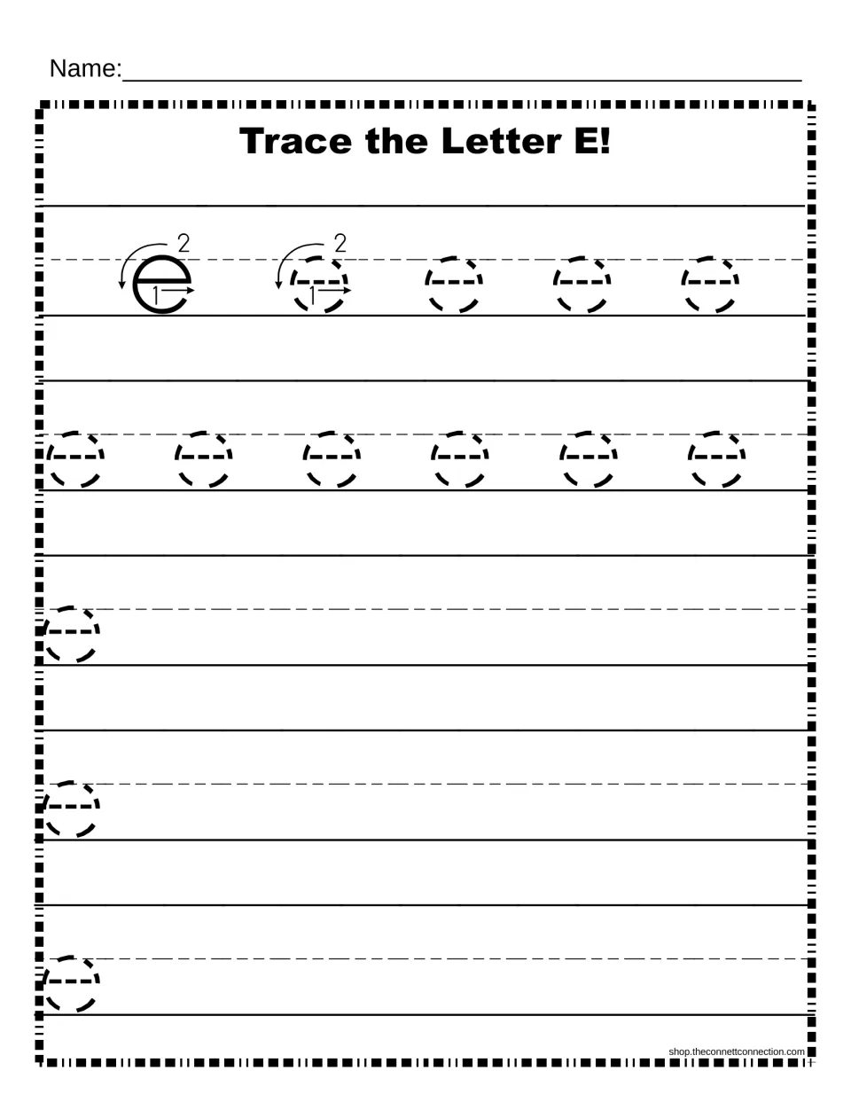 Lowercase e stroke order model with strokes 1 and 2 shown; students trace dotted e rows, then write e on their own