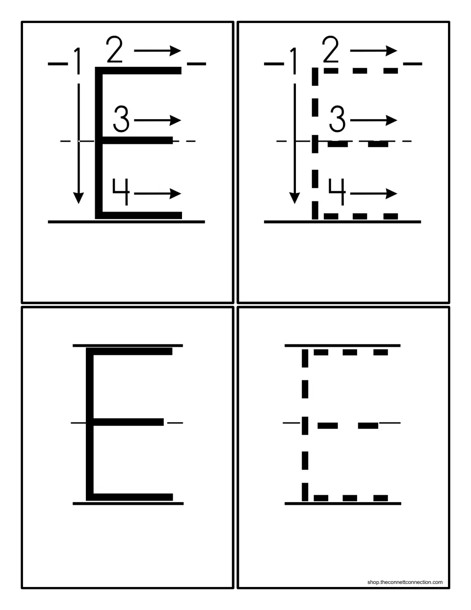 Four capital E cards: numbered stroke-order E, dotted E with arrows to trace, solid E and dotted E to trace on lines