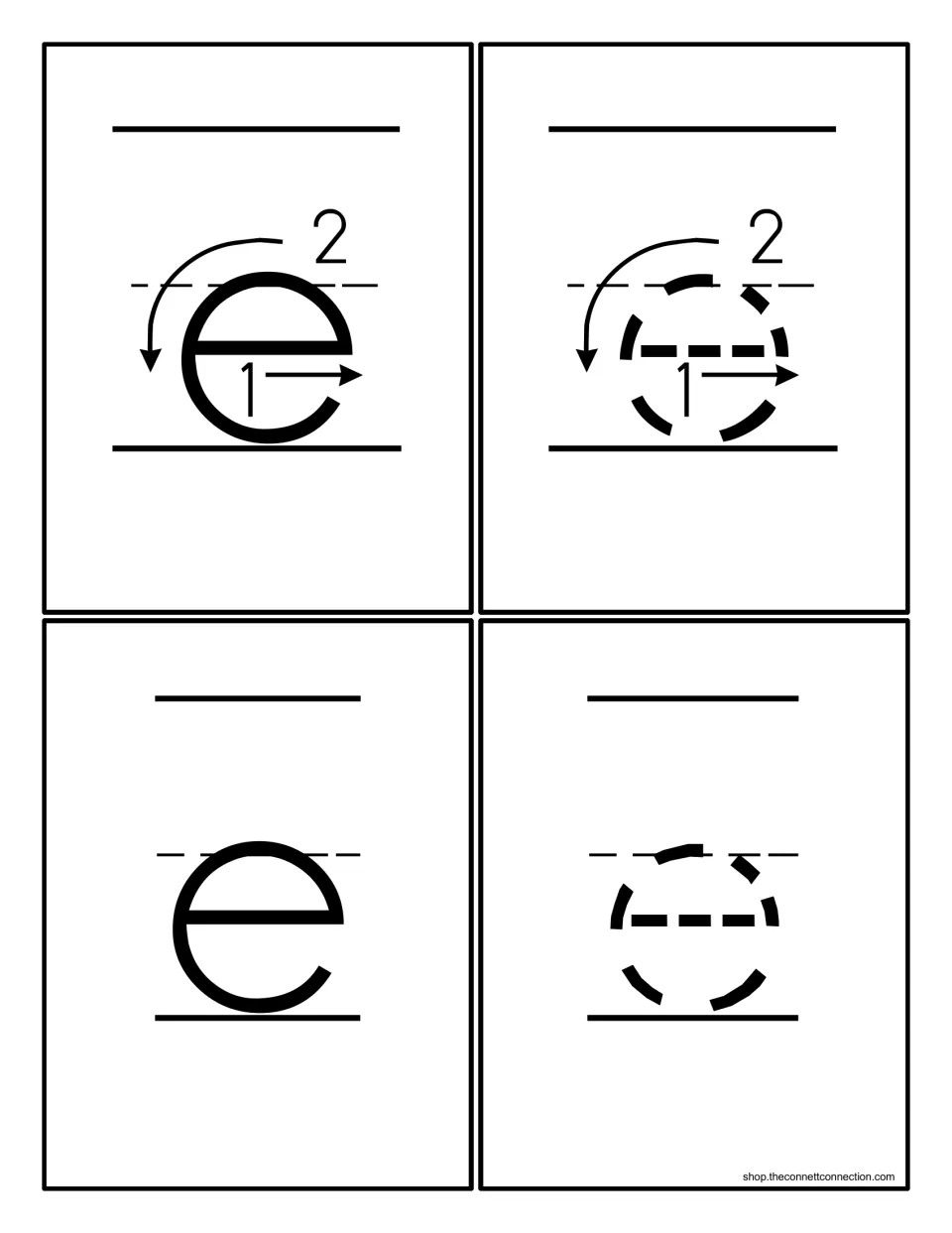 Four lowercase e cards: stroke-order e with numbers 1 and 2, dotted e with arrows, solid e and a plain dotted e to trace