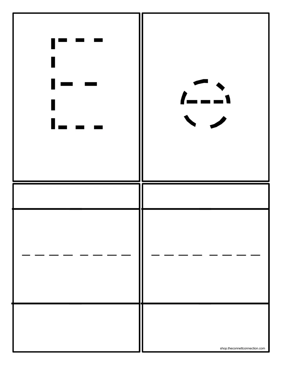 Letter E tracing cards: a dotted capital E, a dotted lowercase e and two blank handwriting-line cards for writing E and e