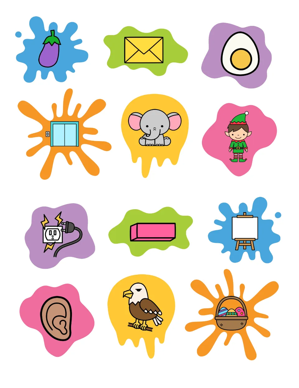 Cutout sheet of 12 letter E sorting pictures: eggplant, envelope, egg, elephant, elf, easel and six more.